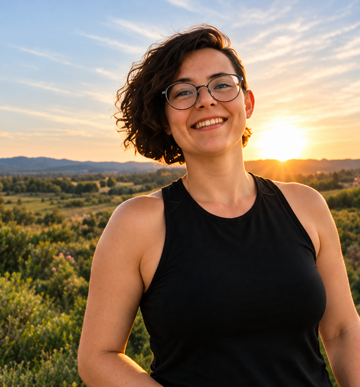 Esther smiling outdoors at sunset